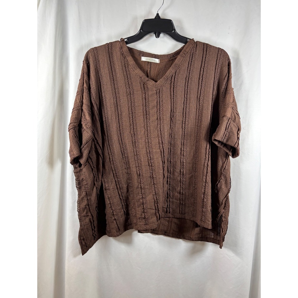 STYLIVE‎ Brown Textured V-Neck Oversized Short Sleeve Top Medium Made in USA
